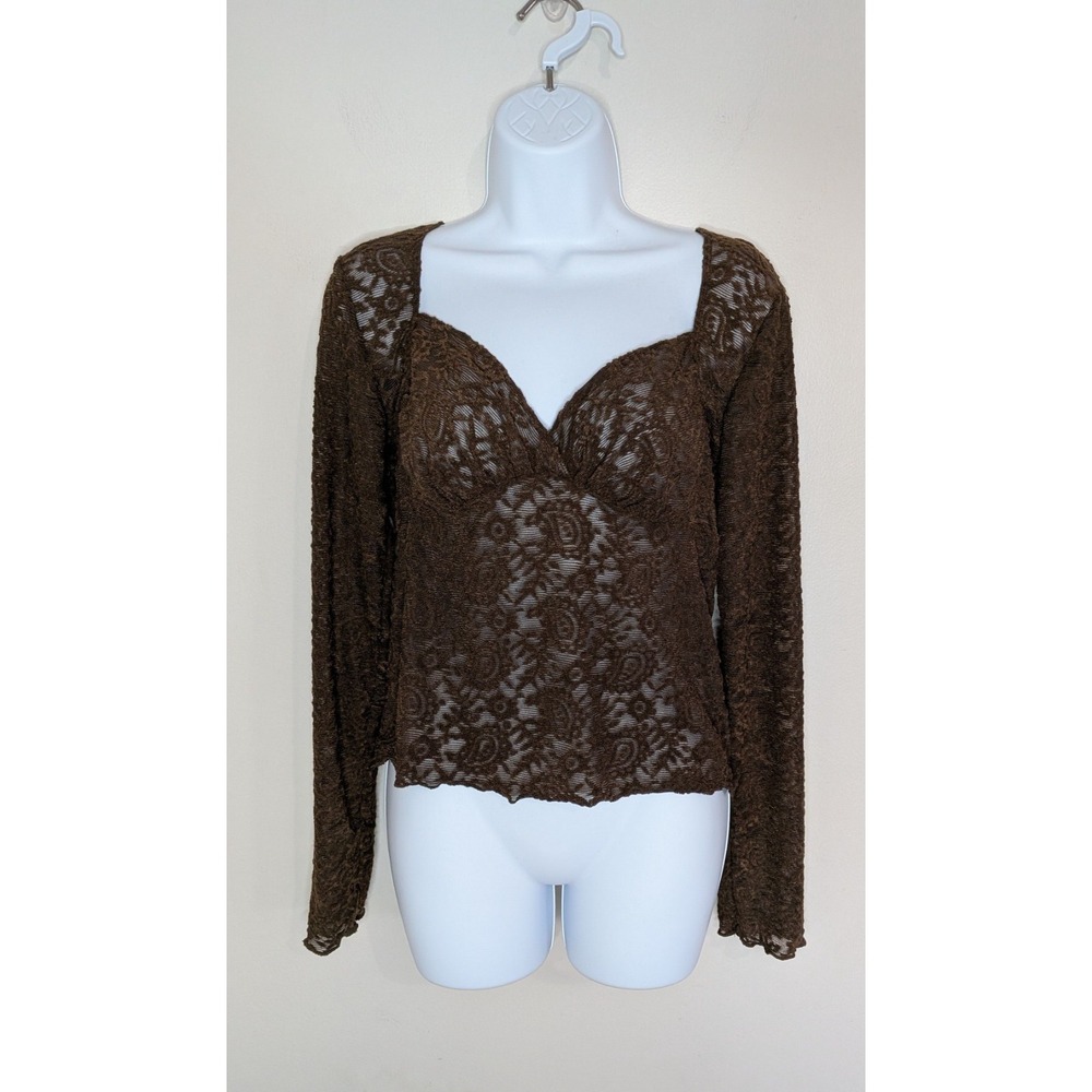Womens  XL Brown Sheer Paisley Corset Whimsigoth Lace Top Dark Romantic Gothic